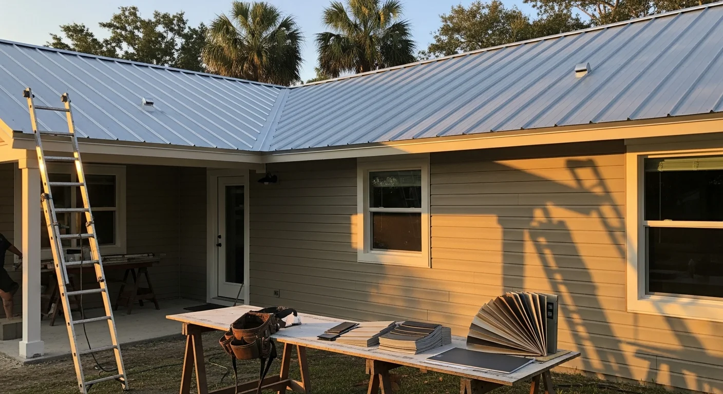 Home exterior showing new metal roof and siding installation