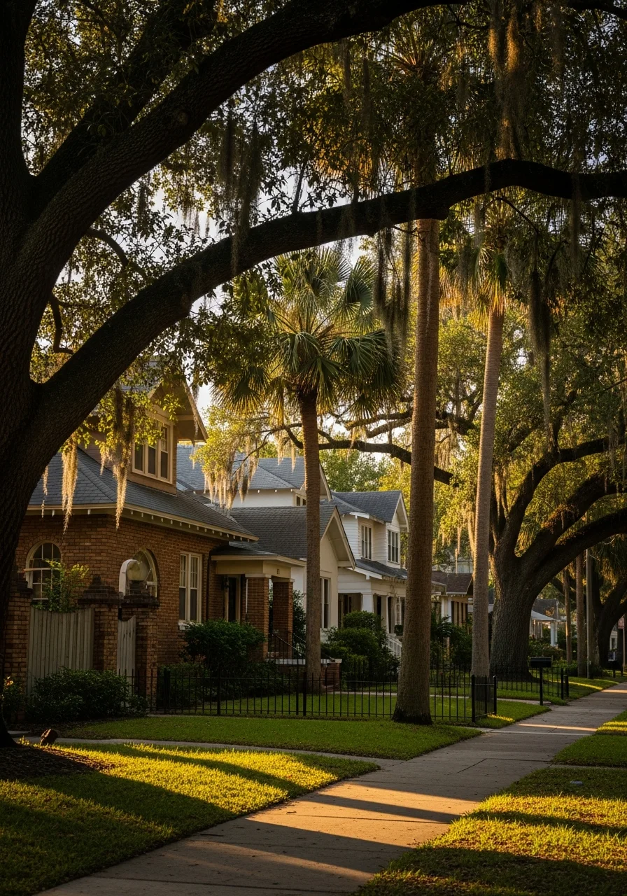 Historic St Petersburg residential street with palm trees and established homes.