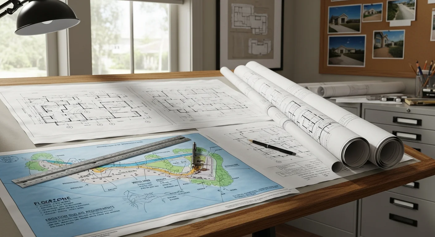 Architectural floor plan drawings and elevation sheets laid out on a work table for a coastal residential construction project in St. Petersburg, FL. A partially constructed elevated home frame is visible in the background on a waterfront lot.