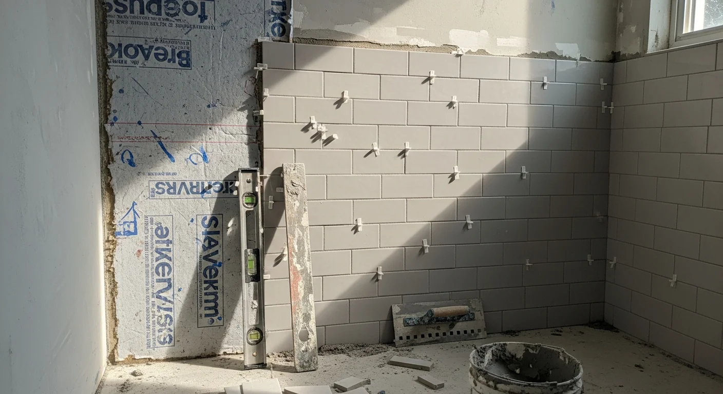 Newly installed tile covering the floor and shower walls of a bathroom in a St. Petersburg, FL home, with clean grout lines and a tiled shower niche. The finished space shows consistent tile layout across both the floor and wet wall surfaces.