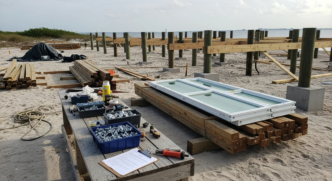 A newly constructed elevated home in St. Petersburg, FL, with a piling foundation, impact-rated windows, and a hurricane-rated roof visible against a coastal sky. The finished floor sits clearly above grade, reflecting FEMA flood zone compliance for a Pinellas County waterfront lot.