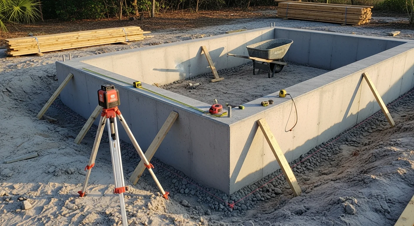 A reinforced concrete structural foundation under construction at a residential property in St. Petersburg, FL, with coastal surroundings visible in the background. The image shows formed concrete walls and a poured slab at grade level on a sandy coastal lot.