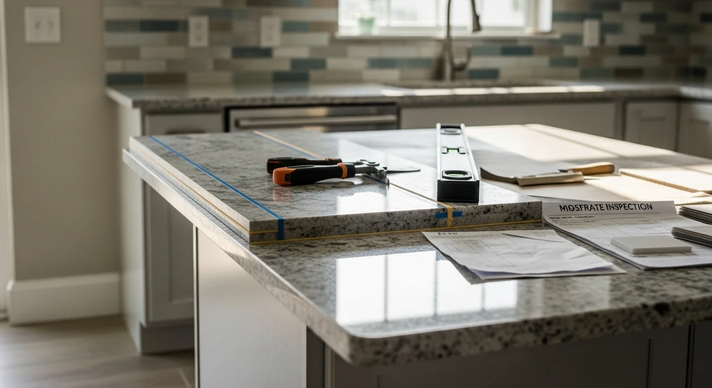 Newly installed stone countertop on white kitchen cabinets in a St. Petersburg, FL home, with a undermount sink and natural light coming through a window. Close-up shows tight seams and a smooth, level surface finish.