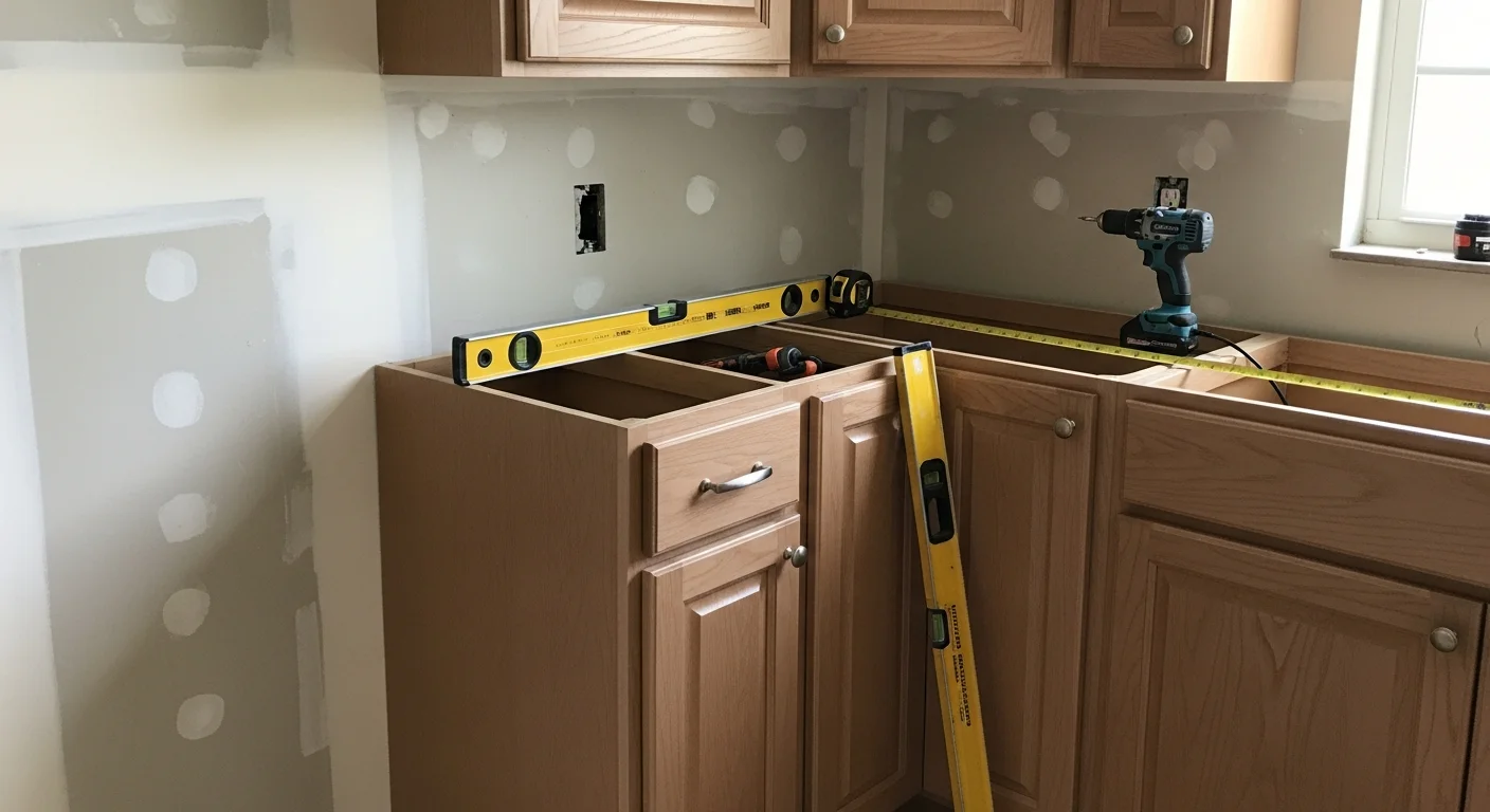 Newly installed custom kitchen cabinets in a St. Petersburg, FL home, showing floor-to-ceiling cabinetry with a clean layout and hardware suited to a coastal Florida environment. The finished installation includes upper and lower cabinet runs with tight seams and level door alignment throughout the kitchen.