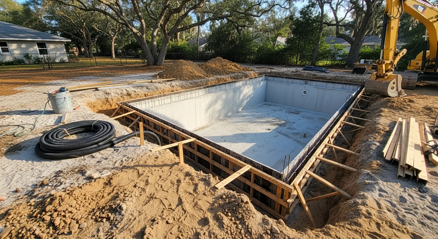 A newly completed custom in-ground swimming pool in a St. Petersburg, FL residential backyard, featuring a concrete shell, surrounding paver deck, and integrated spa under a clear Florida sky. The pool shape is tailored to the lot layout, with landscaping along the perimeter and pool equipment housed along the exterior fence line.