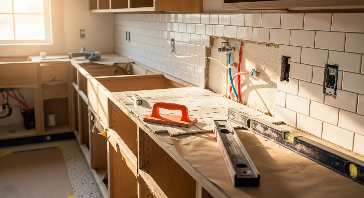 Finished kitchen remodel in a St. Petersburg, FL home showing updated cabinetry, new countertops, and an open layout. Interior work completed by Bluewater Builders for a Pinellas County homeowner.