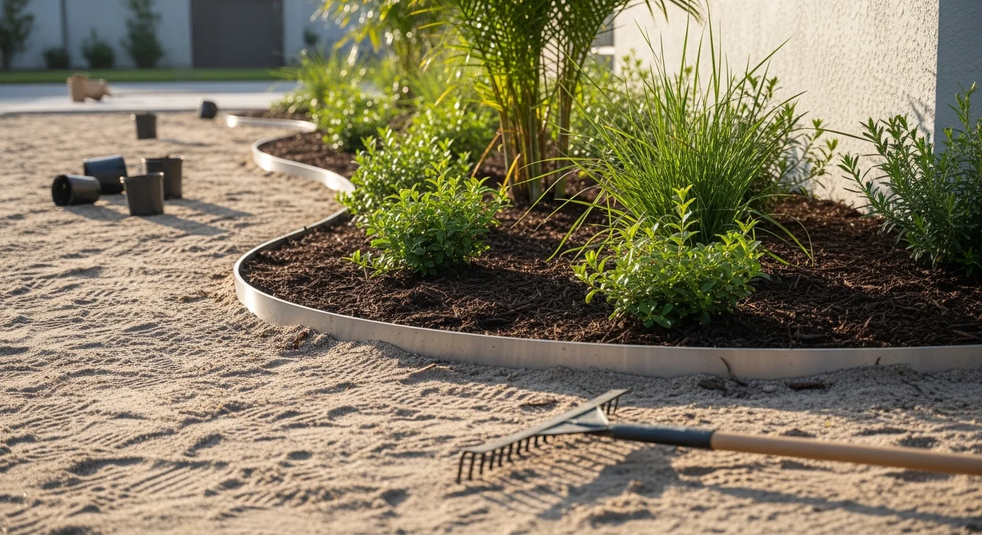 A completed residential landscape installation in St. Petersburg, FL showing low-water native plantings, defined bed edging, and a graded lawn area suited to Pinellas County's sandy coastal soil. The front yard design reflects Florida-friendly plant choices appropriate for the local Gulf Coast climate.