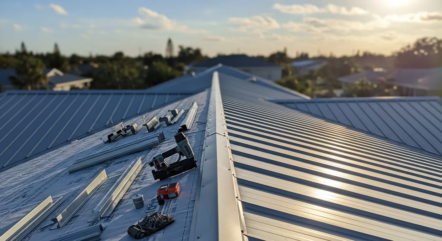 A completed standing seam metal roof on a single-family home in St. Petersburg, FL, with clean panel lines and corrosion-resistant finishes visible under bright Florida sunlight. The home sits in a residential neighborhood typical of Pinellas County's coastal areas.