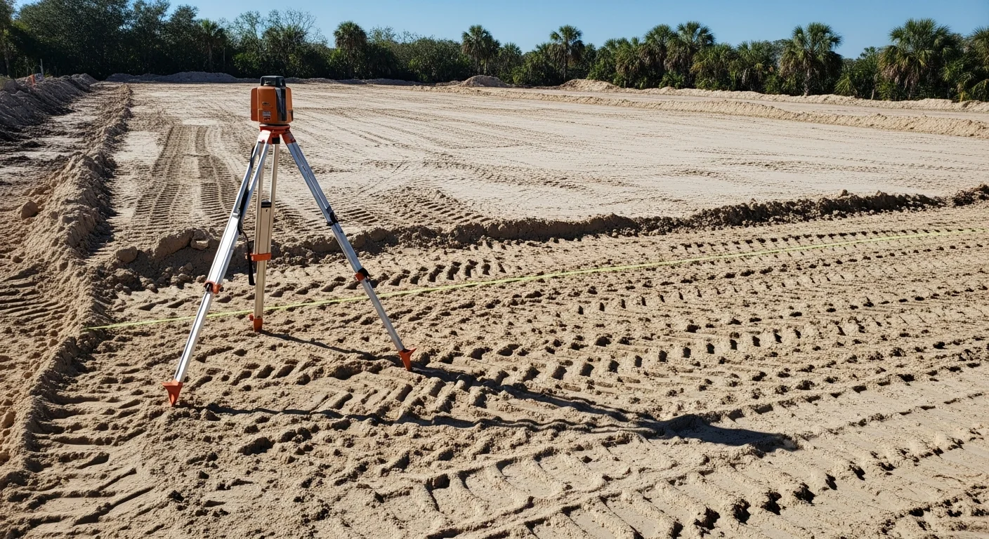 A cleared and graded residential lot in St. Petersburg, FL with visible drainage channels and compacted sub-grade ready for foundation work. A Bluewater Builders specialty construction crew works in the foreground against a backdrop of mature Florida trees.