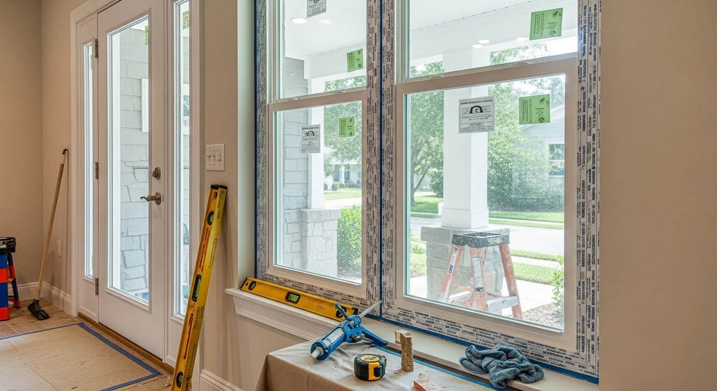 A St. Petersburg, FL home with newly installed impact-rated windows and a replacement entry door, showing clean frames and tight weathersealing on a single-story residential exterior. The installation reflects Florida Building Code-compliant work suited to the coastal Pinellas County climate.